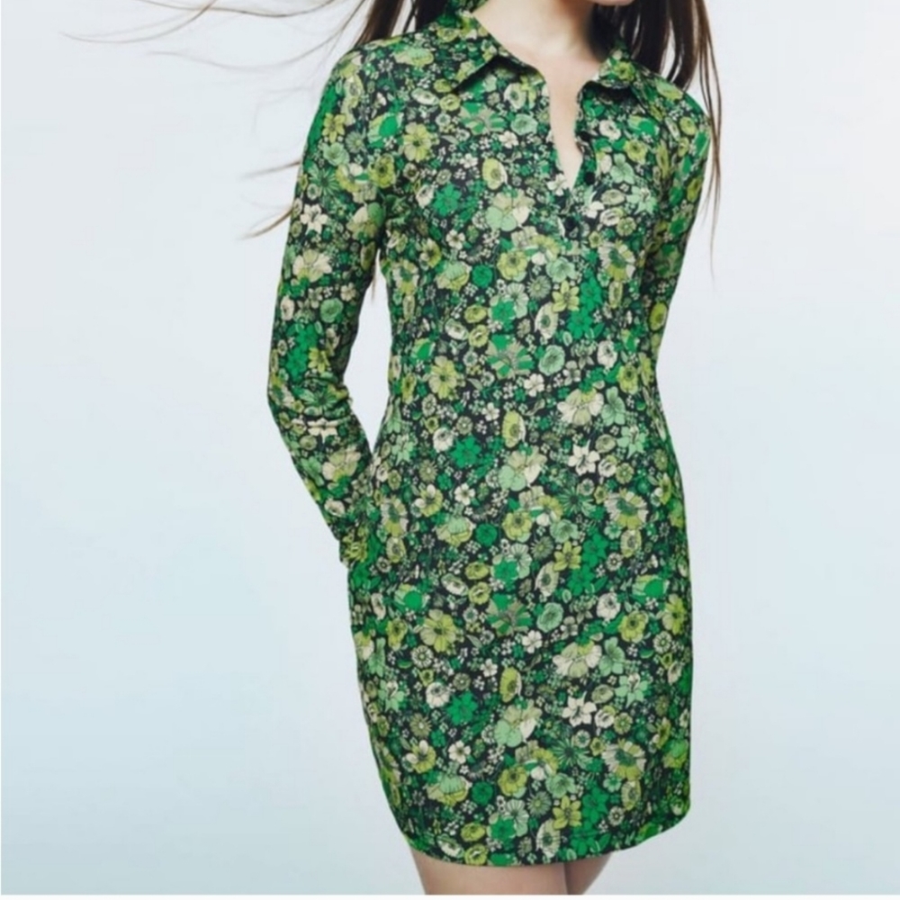 SALE !! Zara Green Floral Print Dress Small Long Sleeve